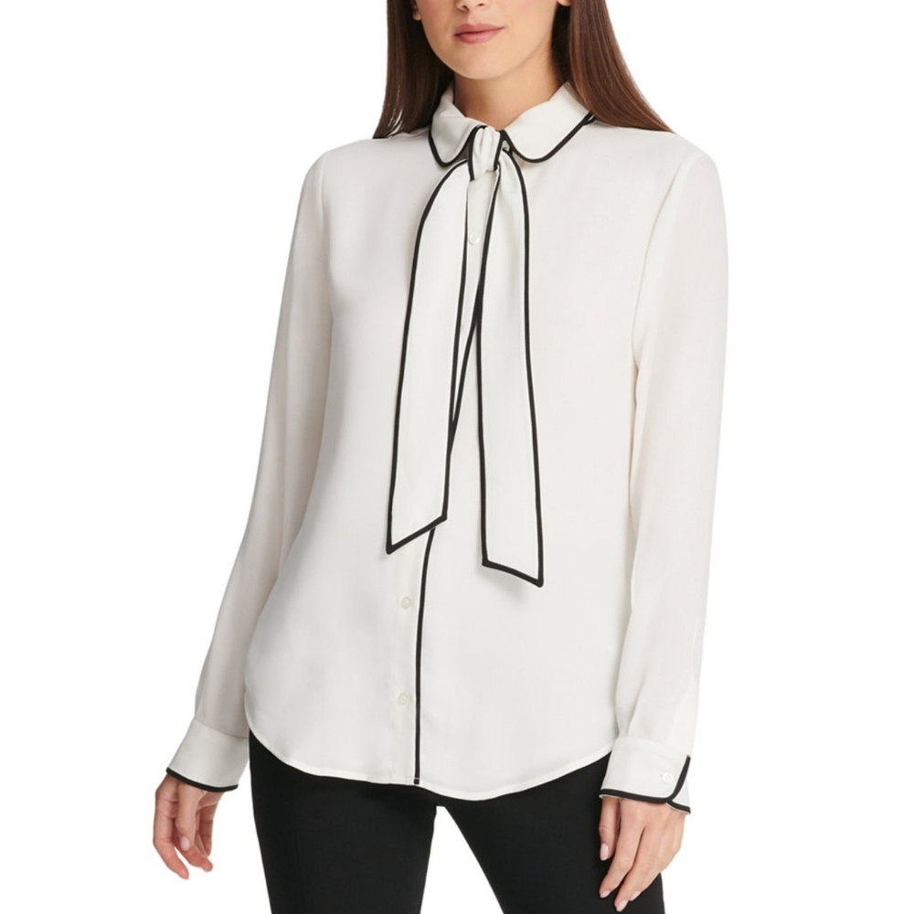 DKNY Piped Trim Tie Front Blouse